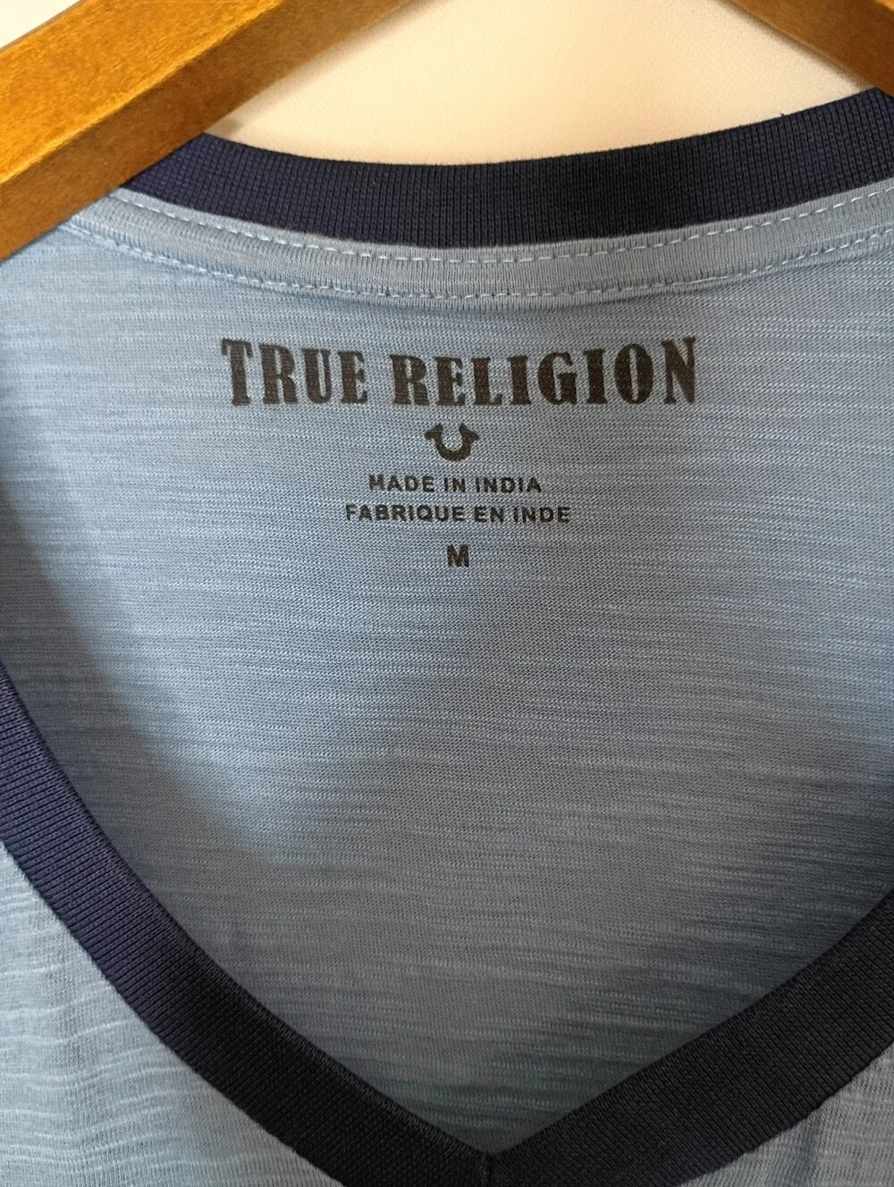 True Religion Men's T-shirt Long Sleeves Blue Sz M V-Neck Indian Chief MSRP $149